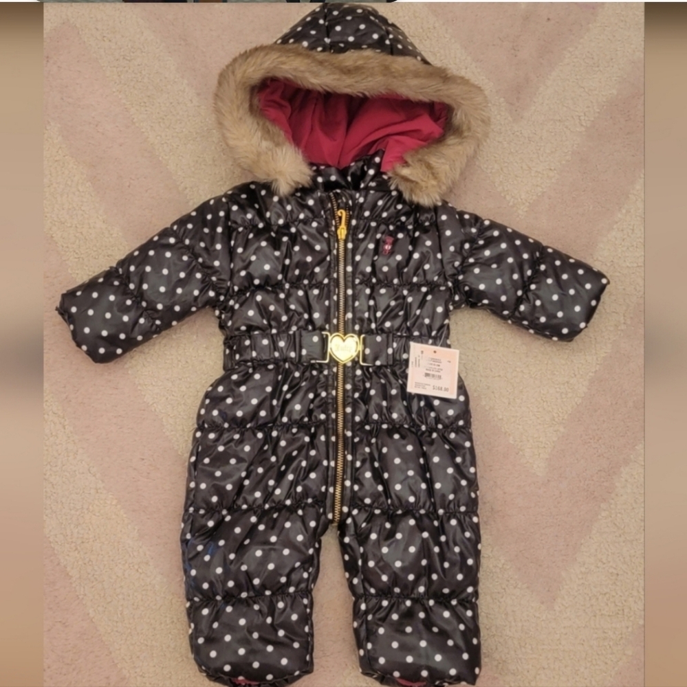 Polka Dot Hooded Snowsuit with Faux Fur Trim